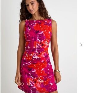 Lulus Roanes Magenta Floral Boat Neck Pleated Mini Dress Pink - Size L